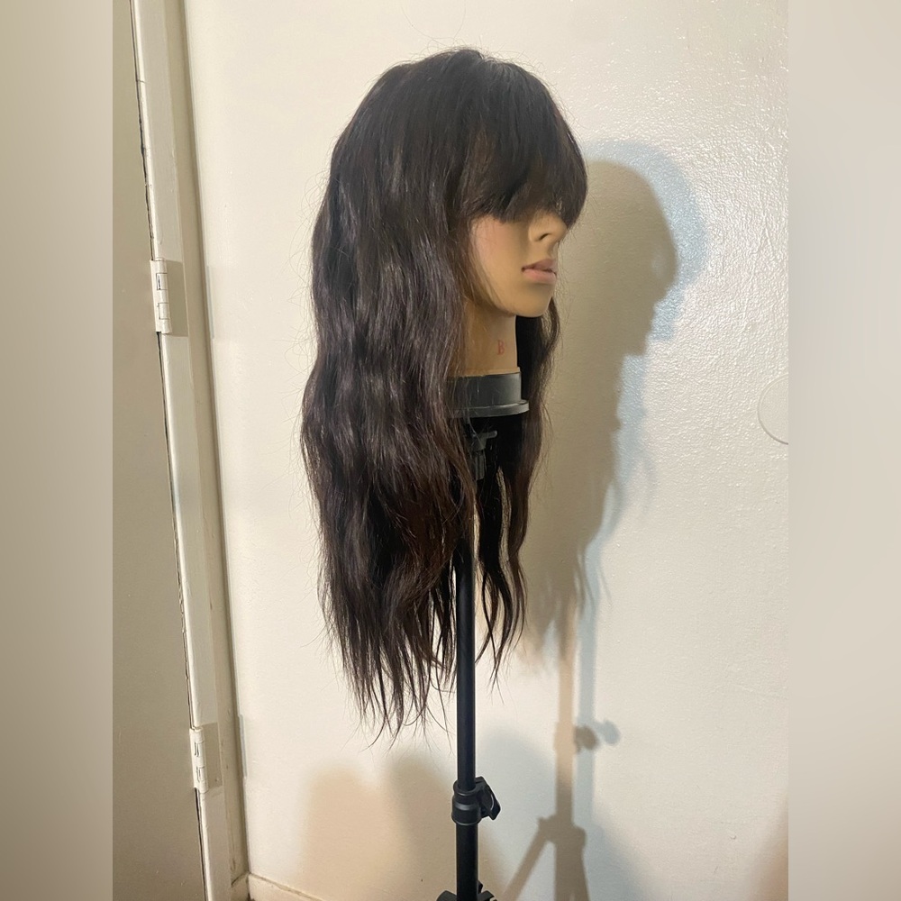 100% Human hair, lace front, Dark Brown/Black Naturally Wavy Wig with bangs